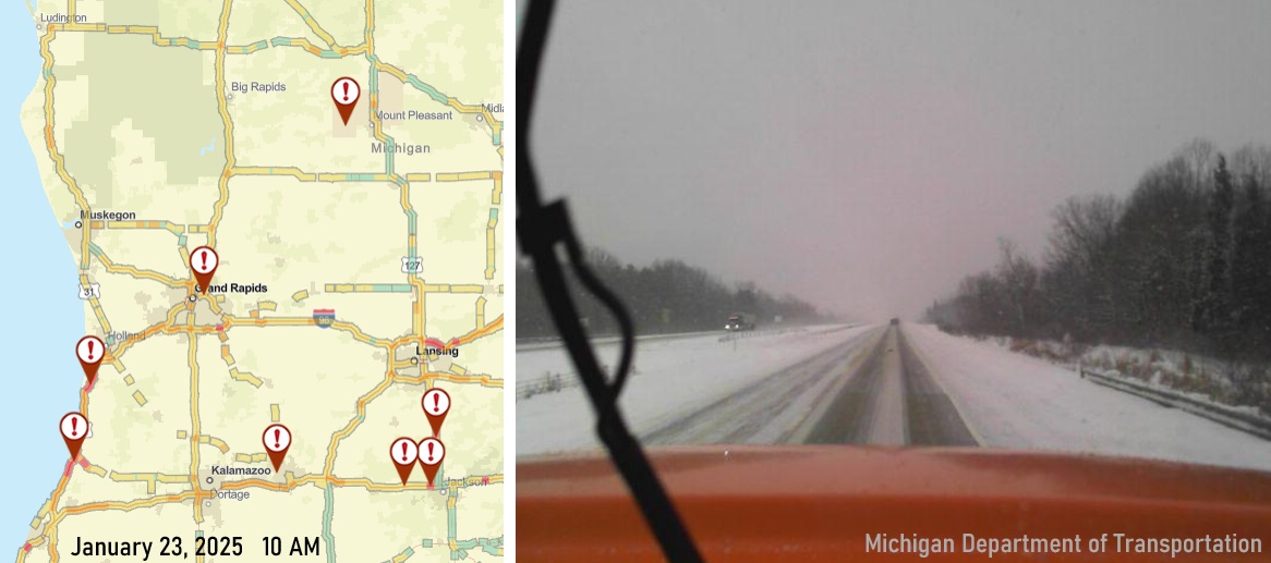 Thursday 10 AM -- It's another snowy day in Lower Michigan with cold temperatures and occasional white-outs with snow keeping roads slick. Some crashes may block or temporarily close the roads (including I-196 northbound approaching Douglas and Saugatuck).