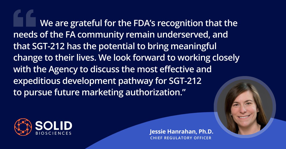 Solid_Bio's tweet photo. ICYMI: The FDA has granted Fast Track designation to SGT-212, our gene therapy candidate for Friedreich's ataxia (FA). SGT-212 is the first and only dual-route FA gene therapy designed to address the underlying cause of the disease by restoring frataxin protein levels through both intradentate nucleus (IDN) and intravenous (IV) infusions.

Read the full release: https://t.co/anbHBzModL