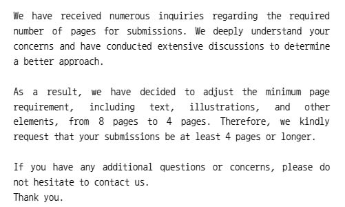 supersons642977's tweet photo. We have decided to adjust the minimum page requirement, including text, illustrations, and other elements, from 8 pages to 4 pages. Therefore, we kindly request that your submissions be at least 4 pages or longer. https://t.co/Tjf3chvzgE