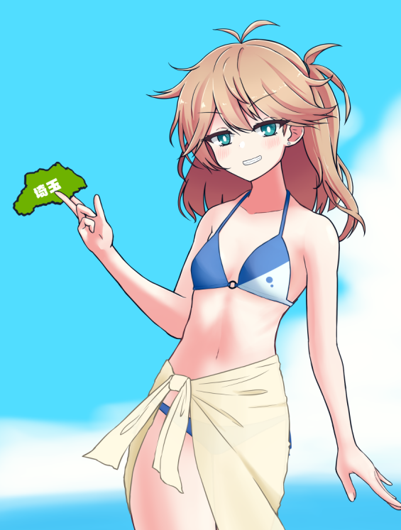 「立ち絵素材進捗。埼玉を海につれてきたつむぎちゃん(カードなどを指で挟める仕様です」|木屑@デザフェスvol.57【両日 G-141】東京ビッグサイト南ホール 5/20-21のイラスト