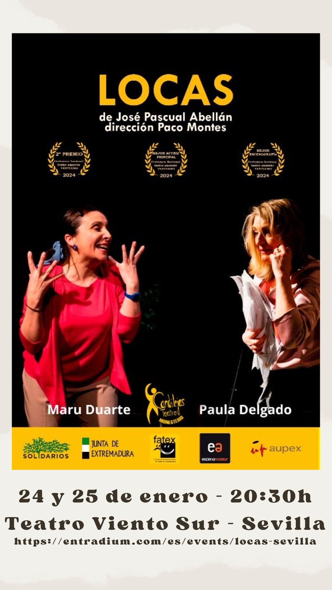 Solidarios_es's tweet photo. ¿Tienes plan para el finde en #Sevilla?
Nosotras sí, ¿te vienes?
#voluntariado
El #grupodeocio de #SaludMental nos vamos a ver "Locas" a la sala de #Teatro Viento Sur a las 20,30h
Compra tus entradas
A ver qué nos cuentan 😉
https://t.co/lxJ8zaLNMy https://t.co/fAxanM33rZ