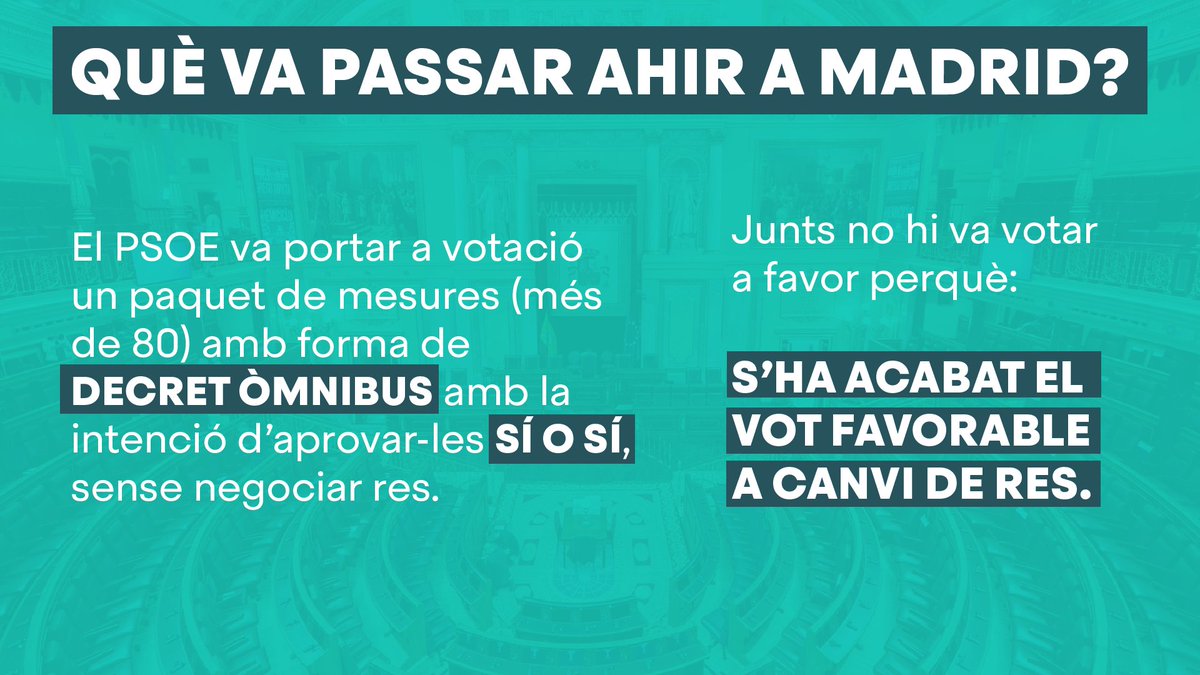 JuntsXCat's tweet photo. Què va passar ahir a Madrid i per què 24 hores més tard el PSOE no ha convocat un Consell de Ministres extraordinari per aprovar la revaloració de les pensions i les ajudes al transport? 👇 https://t.co/d2EQPdZqSa