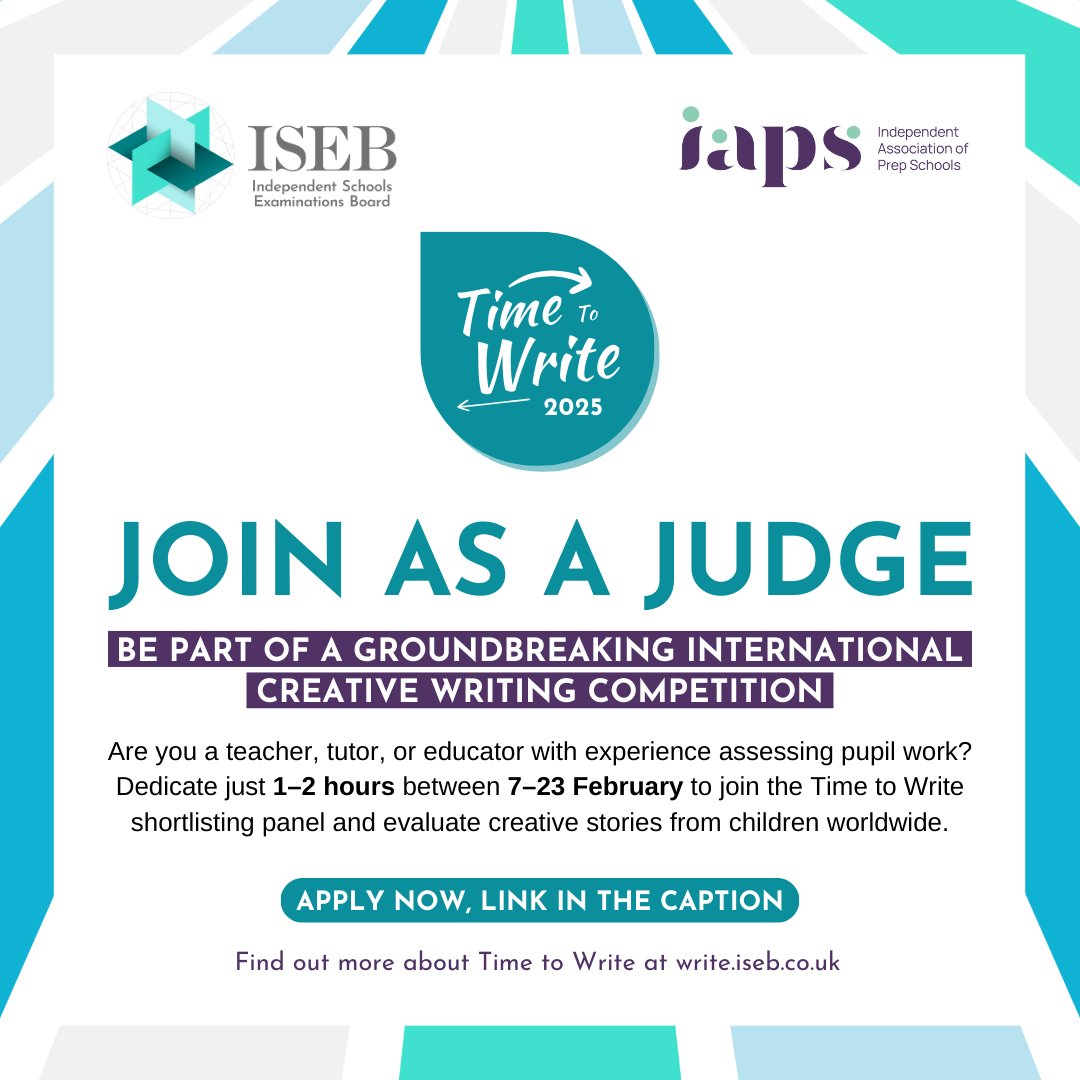 ISEBawards's tweet image. ⏳ Only 10 days left until the competition closes on 2 February. Sign up now to become a shortlisting judge for Time to Write. 

Fill out the form to apply: iseb.co.uk/iseb-and-iaps-….🔗

#ISEBawards #IAPS #TimetoWrite #CreativeWritingCompetition