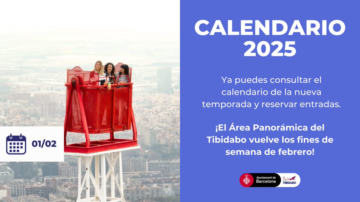 ¡El Área Panorámica del Tibidabo vuelve los fines de semana de febrero! 🎉

Ya puedes consultar el calendario de apertura de la nueva temporada y reservar tus entradas.

Descubrir 👉 tibidabo.cat/es/noticias/ca…

#Tibidabo #Barcelona #Atracciones #Atracciones #AmusementPark