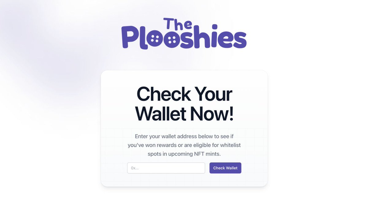 Plooshies Wallet Checker is Live! 🙌

Wondering if you’re eligible for today's Plooshy House Mint Presale at 7 PM UTC?

✅ Check your wallet now: check.theplooshies.com

Currently, the checker only supports the House NFT collection, not Apartments (yet)!

✳️ Abstract coded ✳️