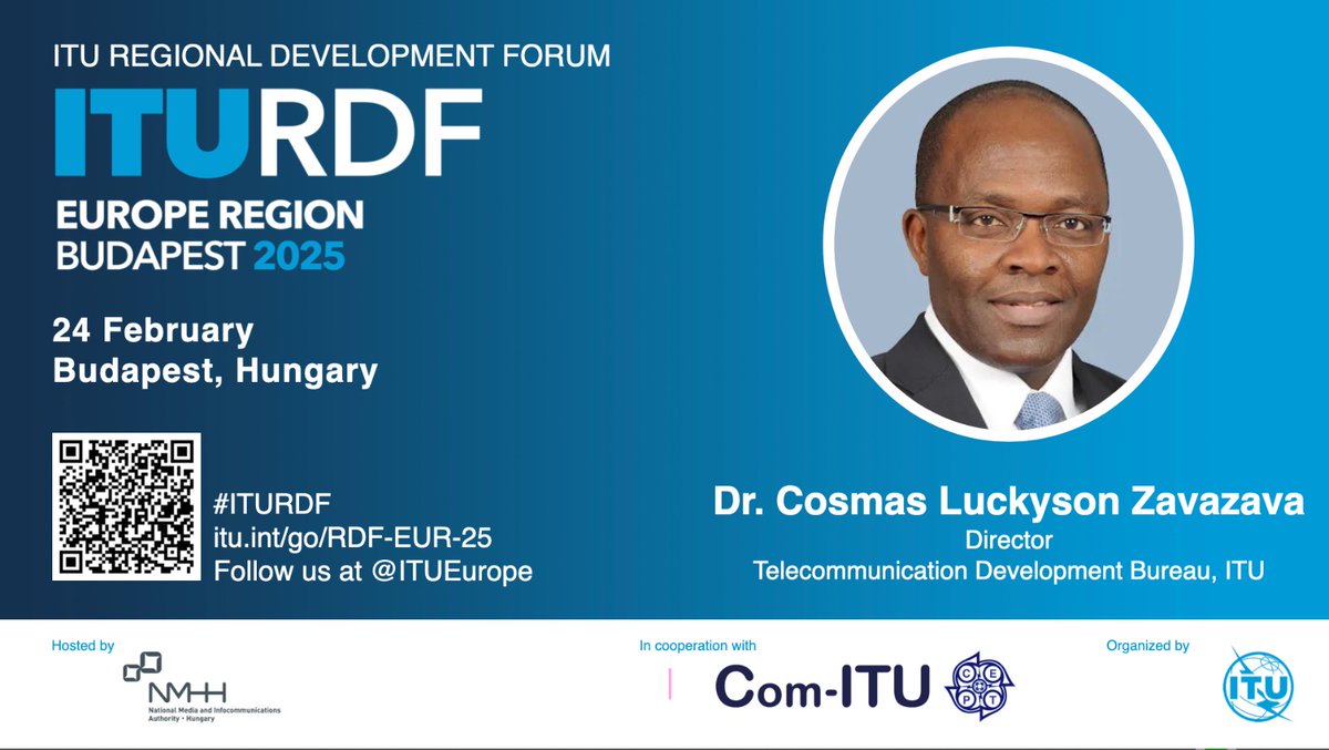 ITUEurope's tweet photo. TODAY marks one month to the upcoming @ITU Regional Development Forum for #Europe, 24 February 2025, Budapest, Hungary 

We are pleased to announce that we will be joined by @ITUBDTDirector @CosmasZavazava 

Join us to advance together #digitaldevelopment in #Europe and beyond https://t.co/wo3wokMUjn
