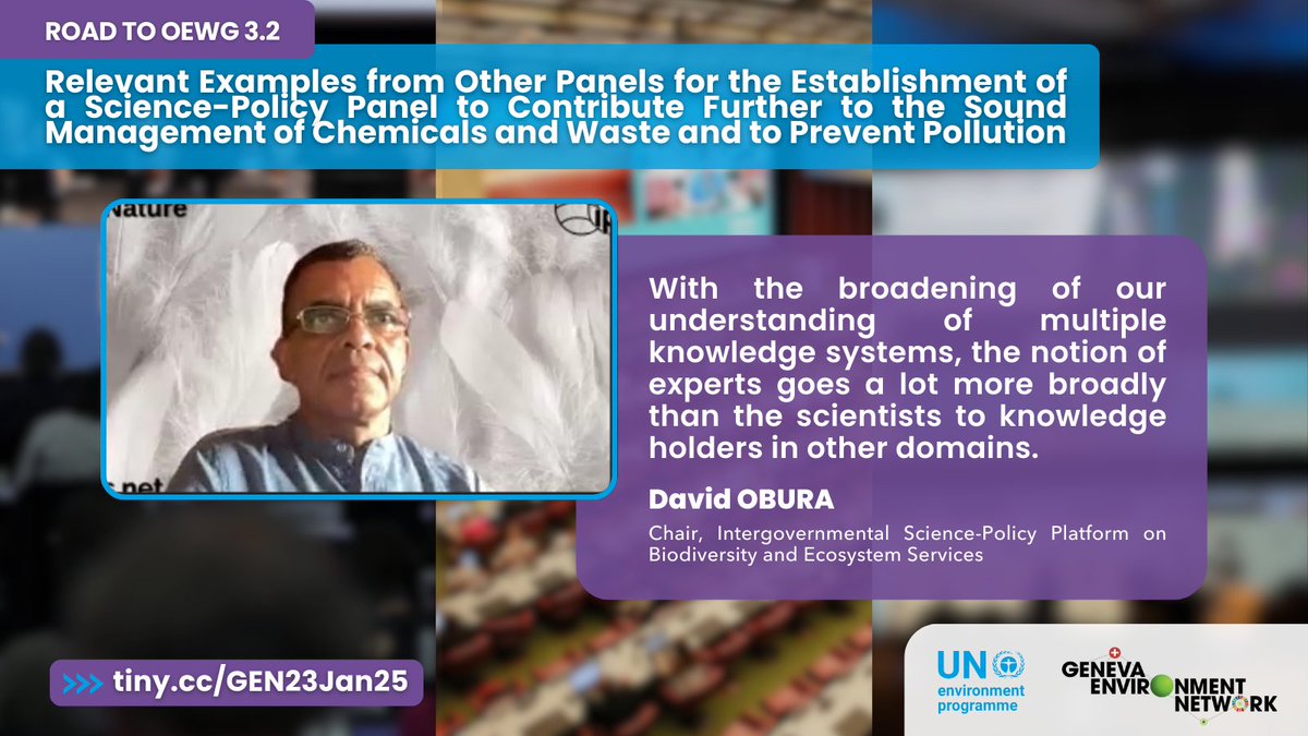 GENeva Environment Network (@genetwork) on Twitter photo <a href="/UNEP/">UN Environment Programme</a> <a href="/IPCC_CH/">IPCC</a> <a href="/IPBES/">ipbes</a> <a href="/IISD_ENB/">Earth Negotiations Bulletin</a> <a href="/ErmiraFida/">Ermira Fida</a> <a href="/JimSkeaIPCC/">Jim Skea</a> <a href="/dobura/">David Obura</a> <a href="/NaliniSharmaGVA/">Nalini Sharma</a> <a href="/IPCPch/">IPCP - International Panel on Chemical Pollution</a> <a href="/ALarigauderie/">Anne Larigauderie</a> In discussing who is involved in panel's work, David Obura highlighted how <a href="/IPBES/">ipbes</a>, from an initial membership around scientists, has broadened the notion to knowledge holders.
He also shared the inclusion of early career scientists, practitioners and communications experts. <a href="/UNEP/">UN Environment Programme</a> <a href="/IPCC_CH/">IPCC</a> <a href="/IPBES/">ipbes</a> <a href="/IISD_ENB/">Earth Negotiations Bulletin</a> <a href="/ErmiraFida/">Ermira Fida</a> <a href="/JimSkeaIPCC/">Jim Skea</a> <a href="/dobura/">David Obura</a> <a href="/NaliniSharmaGVA/">Nalini Sharma</a> <a href="/IPCPch/">IPCP - International Panel on Chemical Pollution</a> <a href="/ALarigauderie/">Anne Larigauderie</a> In discussing who is involved in panel's work, David Obura highlighted how <a href="/IPBES/">ipbes</a>, from an initial membership around scientists, has broadened the notion to knowledge holders.
He also shared the inclusion of early career scientists, practitioners and communications experts.