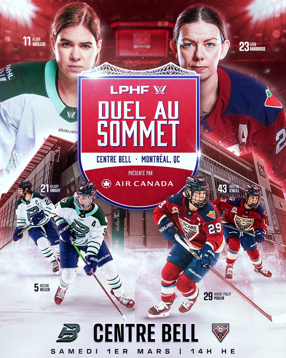 x - Victoire de Montréal (@pwhl_montreal) on Twitter photo DE RETOUR AU CENTRE BELL! BACK IN ACTION AT THE BELL CENTRE! 🙌
Le Duel au Sommet présenté par <a href="/AirCanada/">Air Canada</a> revient au Centre Bell le samedi 1er mars! Duel at the Top presented by <a href="/AirCanada/">Air Canada</a> is back at the Bell Centre Saturday March 1st!
Abonnez-vous à l’infolettre pour rester DE RETOUR AU CENTRE BELL! BACK IN ACTION AT THE BELL CENTRE! 🙌
Le Duel au Sommet présenté par <a href="/AirCanada/">Air Canada</a> revient au Centre Bell le samedi 1er mars! Duel at the Top presented by <a href="/AirCanada/">Air Canada</a> is back at the Bell Centre Saturday March 1st!
Abonnez-vous à l’infolettre pour rester