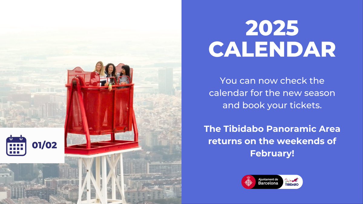 The Tibidabo Panoramic Area returns on the weekends of February! 🎉

You can now check the opening calendar for the new season and book your tickets.

Discover 👉 tibidabo.cat/en/news/calend…

#Tibidabo #Barcelona #Attractions #Attractions #AmusementPark