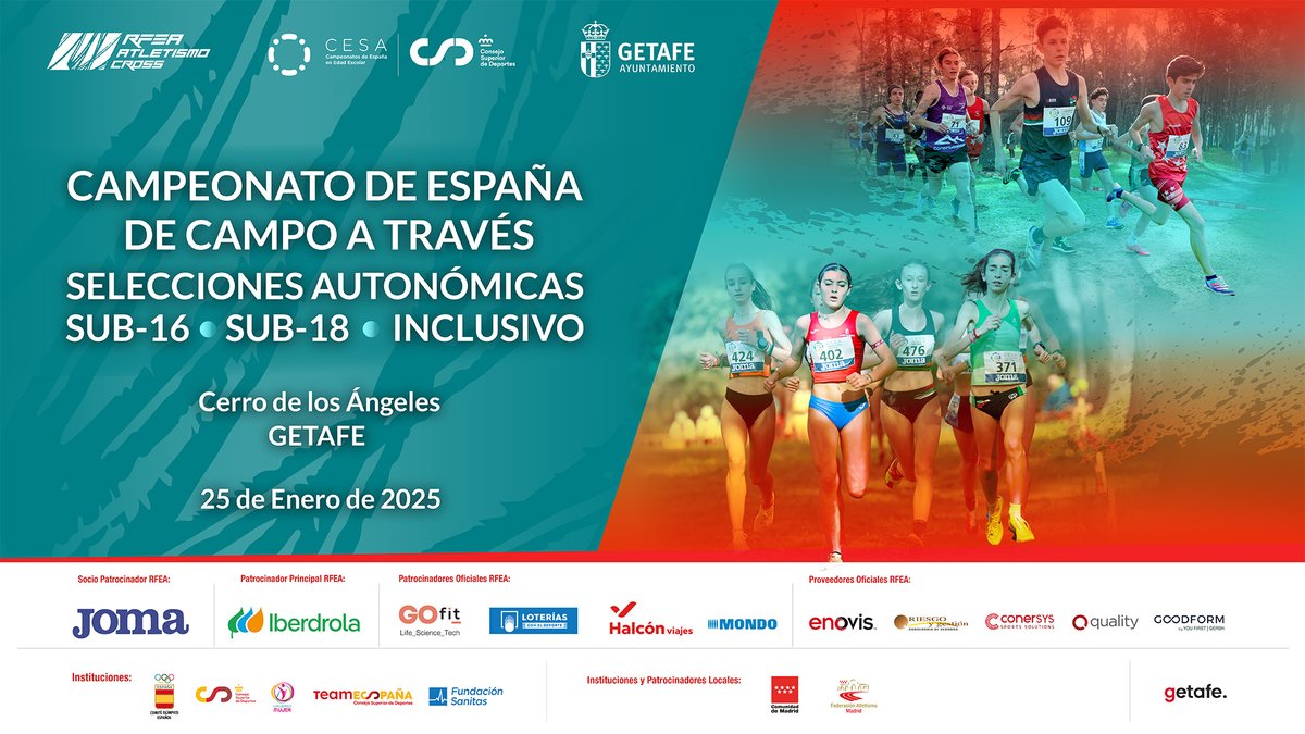 ¡Este sábado arranca la acción! 🔥 La temporada 2025 de Campeonatos de España en Edad Escolar Inclusivos comienza con el #CESAInclusivo de campo a través 🏃🏽‍♀️🏃🏼‍♂️
📍 Parque del Cerro de los Ángeles, Getafe (Madrid)
🗓️ 25 de enero
<a href="/atletismoRFEA/">atletismoRFEA</a> 
<a href="/FEDDI_DI/">FEDDI</a> 
<a href="/deportegob/">CSD</a> 
#CESA #CEcross