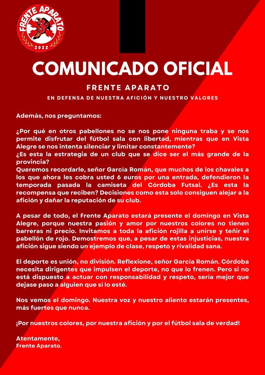 frente_aparato's tweet photo. 🚨COMUNICADO OFICIAL🚨

Comunicado oficial del Frente Aparato en defensa de nuestra afición, nuestros valores y el fútbol sala cordobés.
Lucharemos siempre por nuestros derechos y los de la afición rojilla. https://t.co/SsjIRaF3Rc