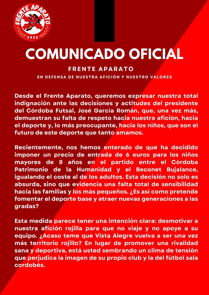 frente_aparato's tweet photo. 🚨COMUNICADO OFICIAL🚨

Comunicado oficial del Frente Aparato en defensa de nuestra afición, nuestros valores y el fútbol sala cordobés.
Lucharemos siempre por nuestros derechos y los de la afición rojilla. https://t.co/SsjIRaF3Rc