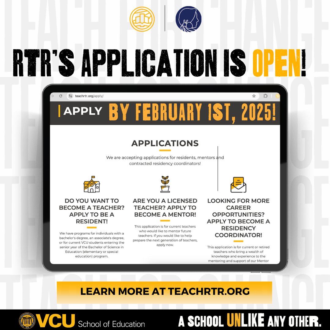 Henrico Schools (@henricoschools) on Twitter photo Looking to make the career leap into teaching at Henrico Schools? The RTR Teacher Residency program at VCU may be a great place to start! The deadline to apply is Feb. 1.
See <a href="/TeachRTR/">RTR Teacher Residency at VCU</a>'s website for more: teachrtr.org/apply/ Looking to make the career leap into teaching at Henrico Schools? The RTR Teacher Residency program at VCU may be a great place to start! The deadline to apply is Feb. 1.
See <a href="/TeachRTR/">RTR Teacher Residency at VCU</a>'s website for more: teachrtr.org/apply/