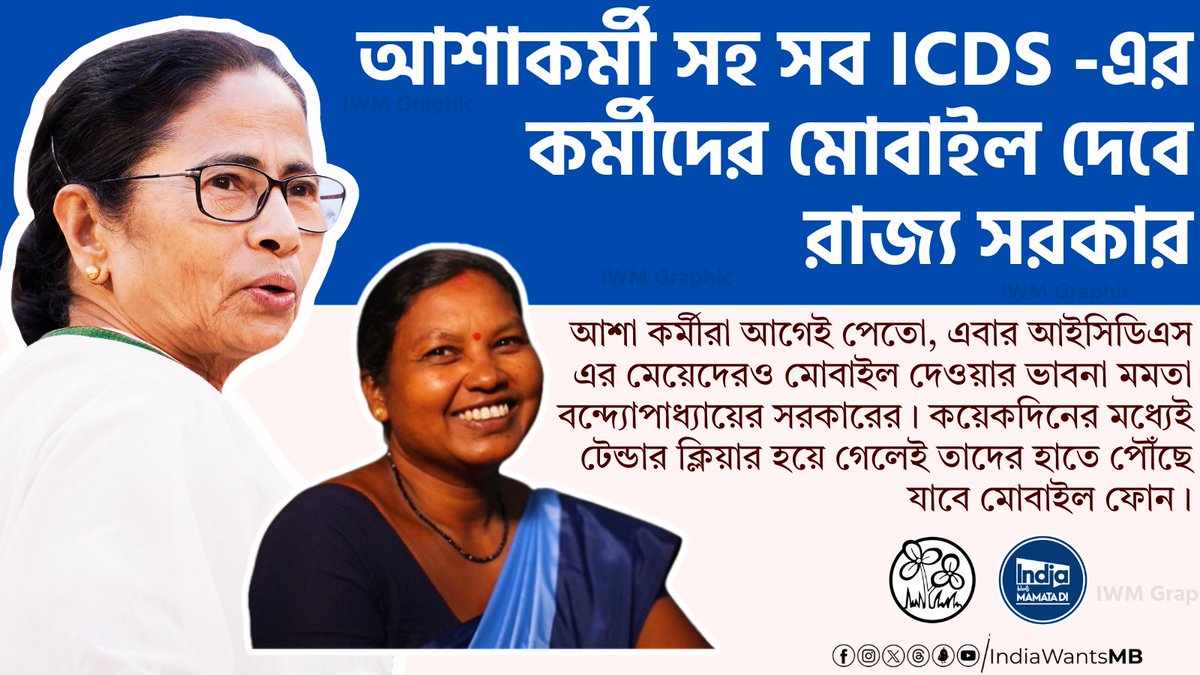 IndiaWantsMB's tweet photo. State government to provide mobile phones to all ICDS workers including ASHA workers.
ASHA workers already received them, now @MamataOfficial 's government is planning to provide mobile phones to ICDS girls as well. The mobile phones will reach them in a few days as soon as the tender is cleared.
#MamataBanerjee #Didi
#GovernmentForAll
#IndiaWantsMamataDi