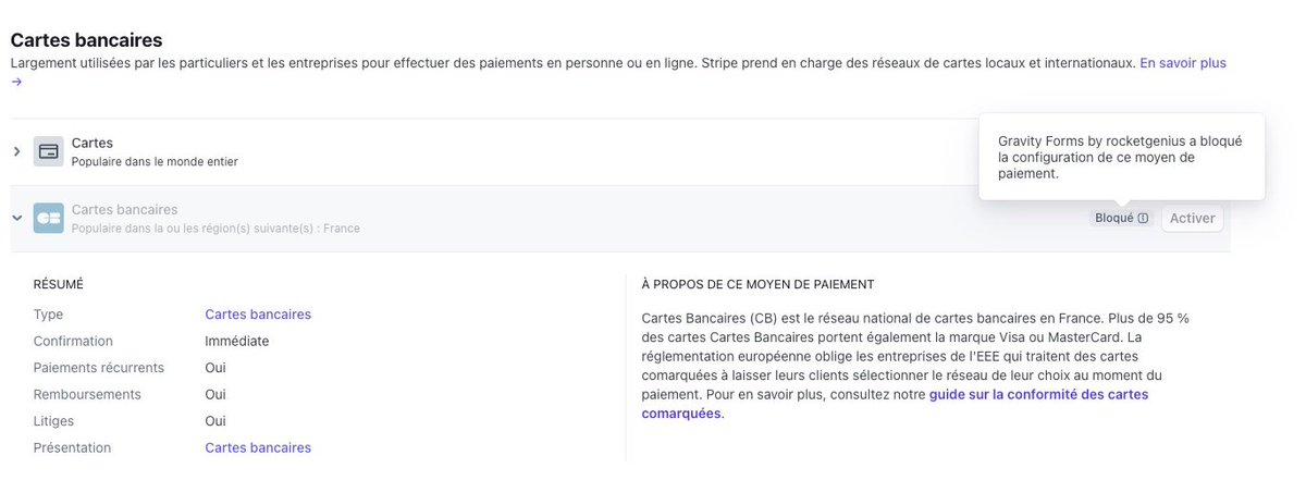 NicolasPittet's tweet image. Sur un site #WordPress avec #GravityForms + #Stripe, les CB 🇫🇷€ (pas les cartes de crédit) sont bloquées.
@gravityforms n&apos;accepte pas ce mode et le bloque dans #Stripe. Les 2 supports se renvoient la balle.
Quelqu’un a  une idée? 🙏