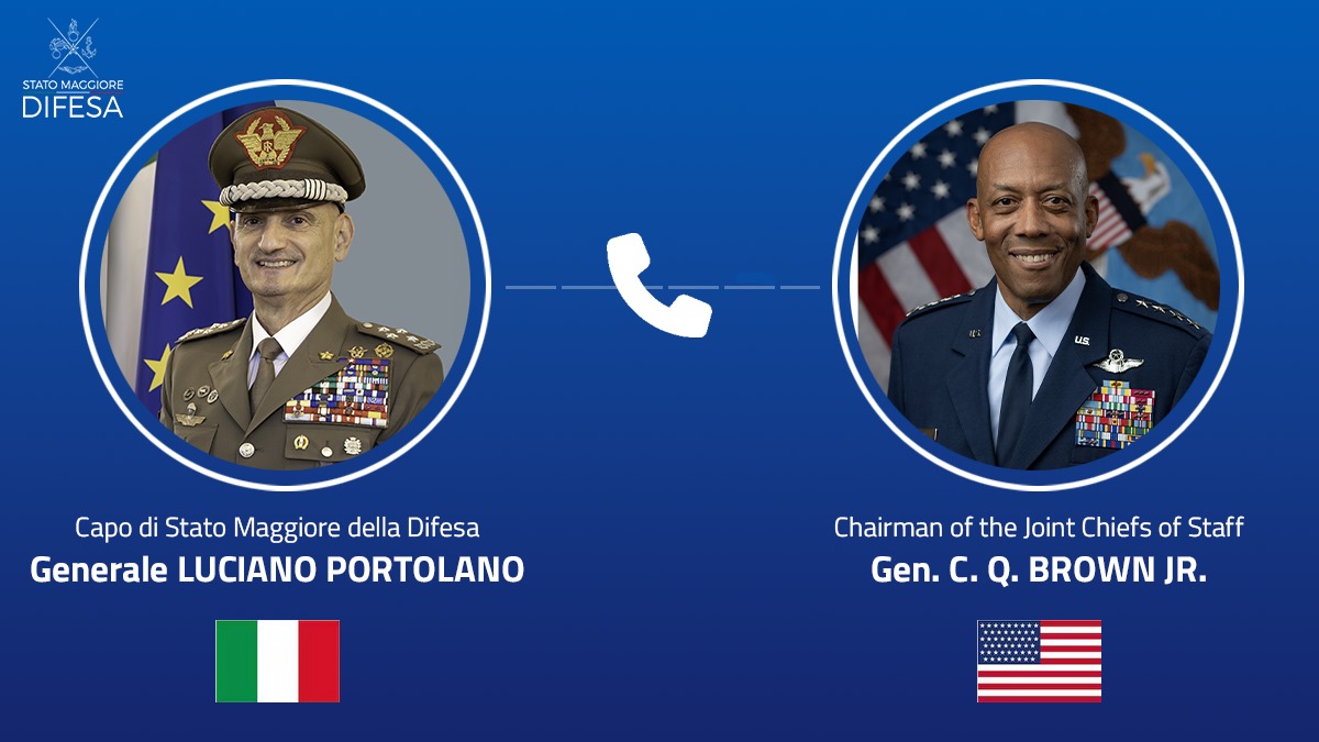SM_Difesa's tweet photo. il Gen. Luciano #Portolano #CapoSMD ha avuto una cordiale e proficua conversazione telefonica con il Gen. Charles Q. Brown Jr., Chairman of the Joint Chiefs of Staff 🇺🇸 sulla situazione geostrategica globale e su argomenti di comune interesse a livello bilaterale

#ForzeArmate🇮🇹 https://t.co/UzIwtTQQgu