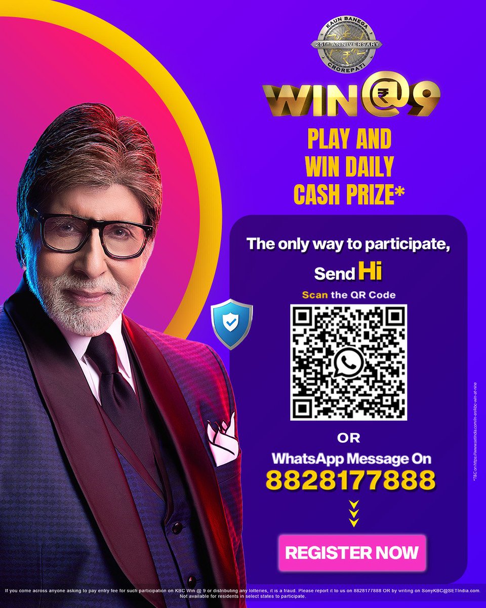 SonyTV's tweet photo. Are you ready to play and win daily cash prize?
Register For KBC Win @9 now!
@SrBachchan
#KBCOnSony #KBCWin@9 https://t.co/Bp0S6qVbXe