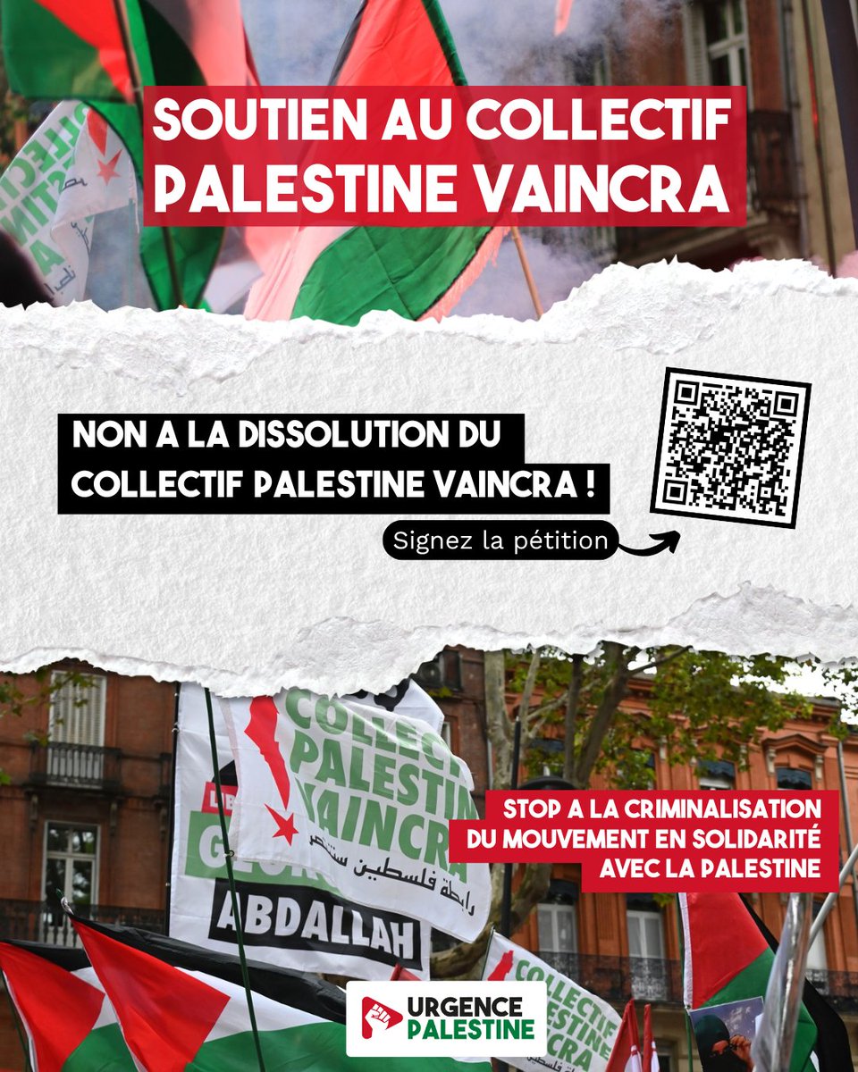 🤝 Soutien au @Collectif_PV 

✋Non à la dissolution du collectif Palestine Vaincra. 

✍️Signez la pétition : change.org/p/non-%C3%A0-l…

👊Non à la criminalisation du mouvement en solidarité avec la Palestine. 

#freepalestine