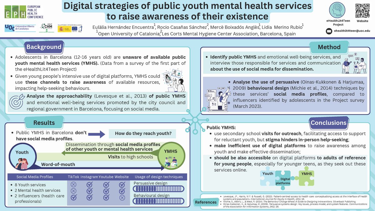 eHealthLit4Teen (@ehealthlit4teen) on Twitter photo 🟠Ep! A l'<a href="/EPHconference/">EPH Conference</a> vam presentar un altre pòster!
1⃣Com es donen a conèixer els serveis de salut mental per a joves de Barcelona i com els joves arriben a aquests serveis?
2⃣S'usen tècniques de disseny de comportament a les XXSS dels serveis?
<a href="/BDLab_UOC/">BDLab_UOC</a> <a href="/eHealthUOC/">eHealth Center UOC</a> 🟠Ep! A l'<a href="/EPHconference/">EPH Conference</a> vam presentar un altre pòster!
1⃣Com es donen a conèixer els serveis de salut mental per a joves de Barcelona i com els joves arriben a aquests serveis?
2⃣S'usen tècniques de disseny de comportament a les XXSS dels serveis?
<a href="/BDLab_UOC/">BDLab_UOC</a> <a href="/eHealthUOC/">eHealth Center UOC</a>