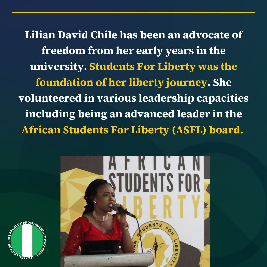 SFLAlumni's tweet photo. Lilian David Chile has been a passionate advocate for freedom since her university years, with Students For Liberty serving as the foundation of her libertarian journey. 
She founded Women for Liberty Africa (WFLA), a pioneering think tank dedicated to empowering women https://t.co/vTjjsQtFUJ