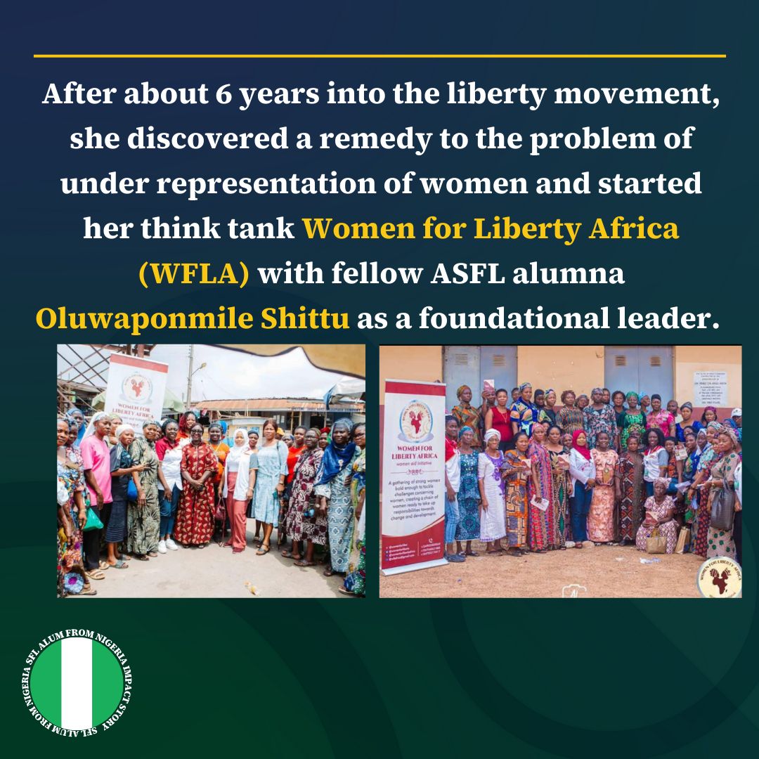 SFLAlumni's tweet photo. Lilian David Chile has been a passionate advocate for freedom since her university years, with Students For Liberty serving as the foundation of her libertarian journey. 
She founded Women for Liberty Africa (WFLA), a pioneering think tank dedicated to empowering women https://t.co/vTjjsQtFUJ