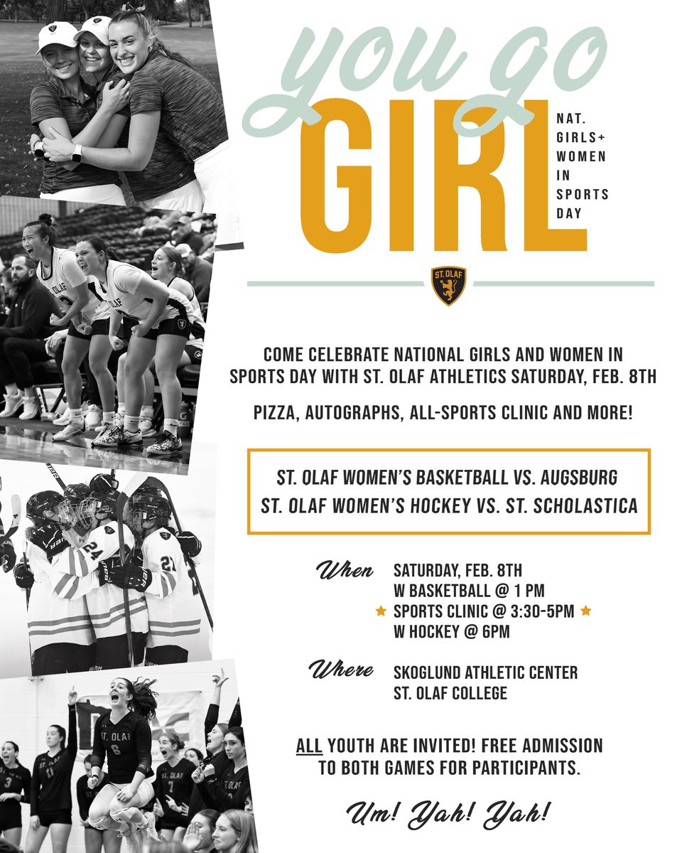 StOlafSoftball's tweet photo. The anticipation is HIGH!! Calling all youth!! Please join us on Saturday, February 8 for women’s sports, autographs, FREE sports clinic, pizza, games AND MORE to celebrate National Girls and Women in Sports Day!! Mark your calendars! #yougogirl https://t.co/fhUL73vDqJ