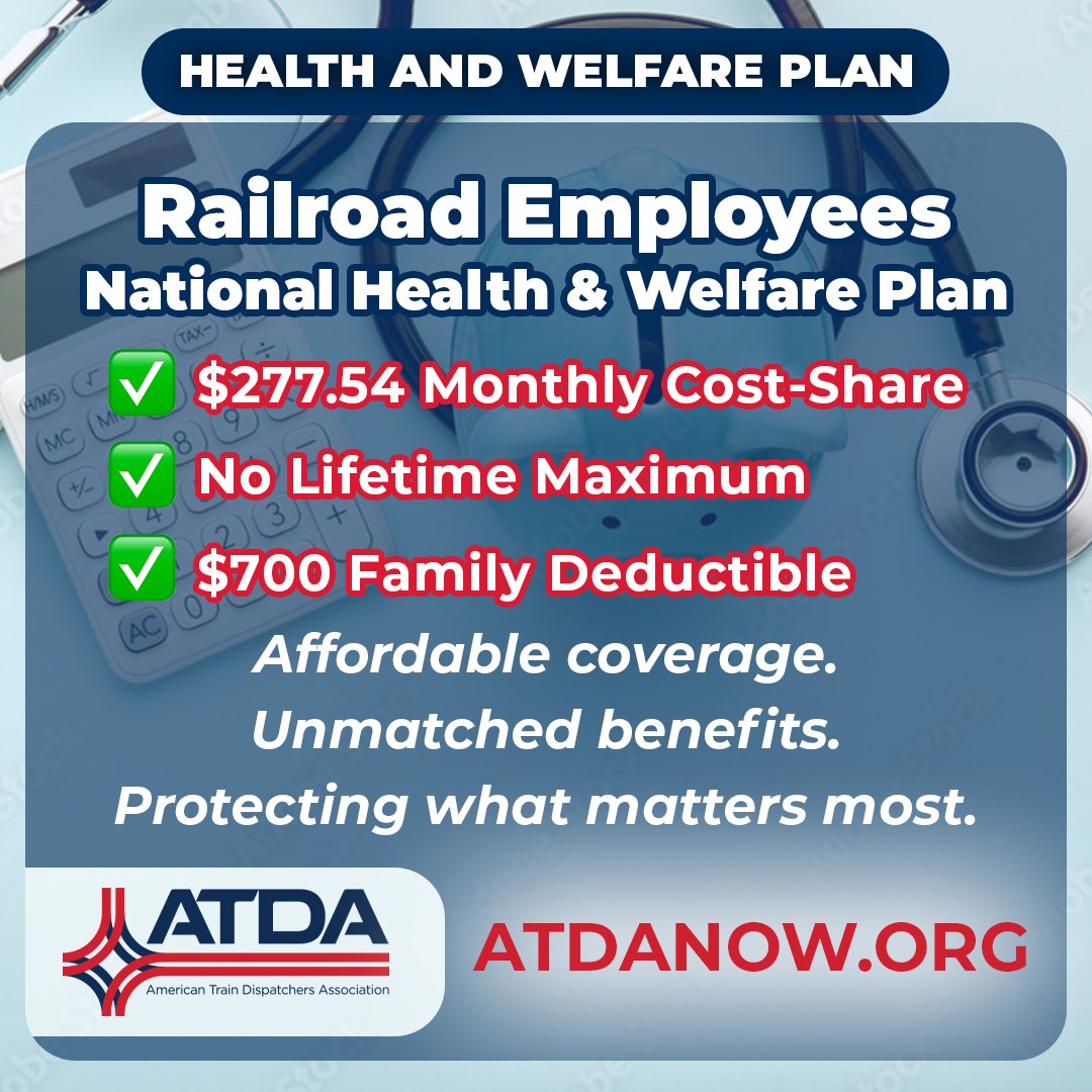 ATDA_NOW's tweet photo. ATDA members covered by the Railroad Employees National Health &amp; Welfare Plan pay a $277.54 monthly cost-share, regardless of the number of covered dependents. No lifetime max, $700 family deductible. What is UPRR charging you? #ATDANOW https://t.co/l4zlhqhjYB