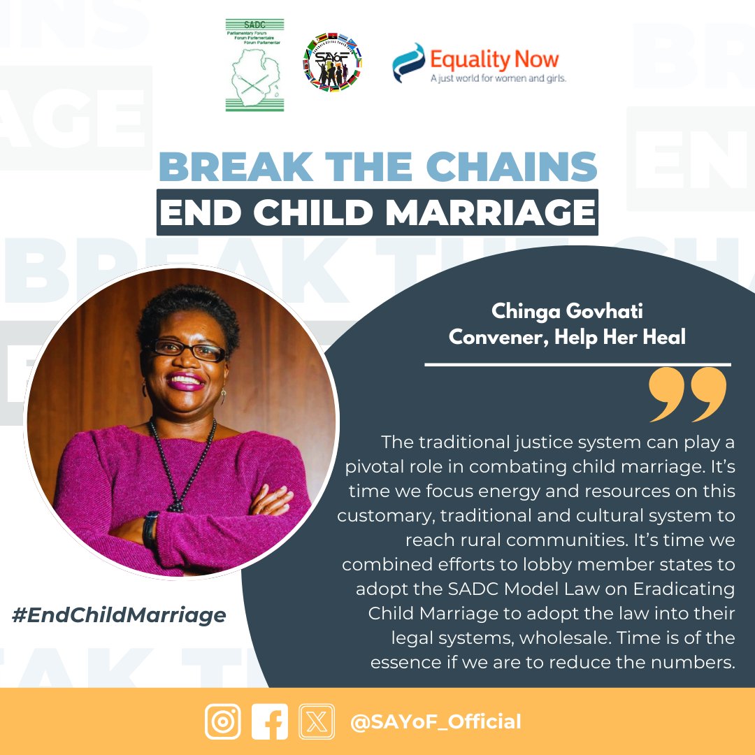 "The traditional justice system can play a pivotal role in combating child marriage. It’s time we focus energy and resources on this customary, traditional and cultural system to reach rural communities..."
~ Chinga Govhati
#EndChildMarriage #SouthernAfricaYouth