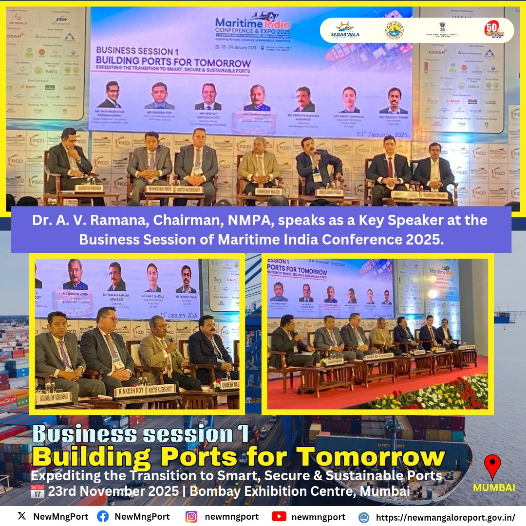 NewMngPort's tweet photo. Dr. A. V. Ramana, Chairman, NMPA, delivered impactful insights on transformative strategies on building smart &amp; sustainable  Ports for the future of maritime industry during the Business Session at Maritime India Conference 2025.  
#MaritimeIndia2025 #PortLeadership #NMPAInAction https://t.co/gg6A1wT75f