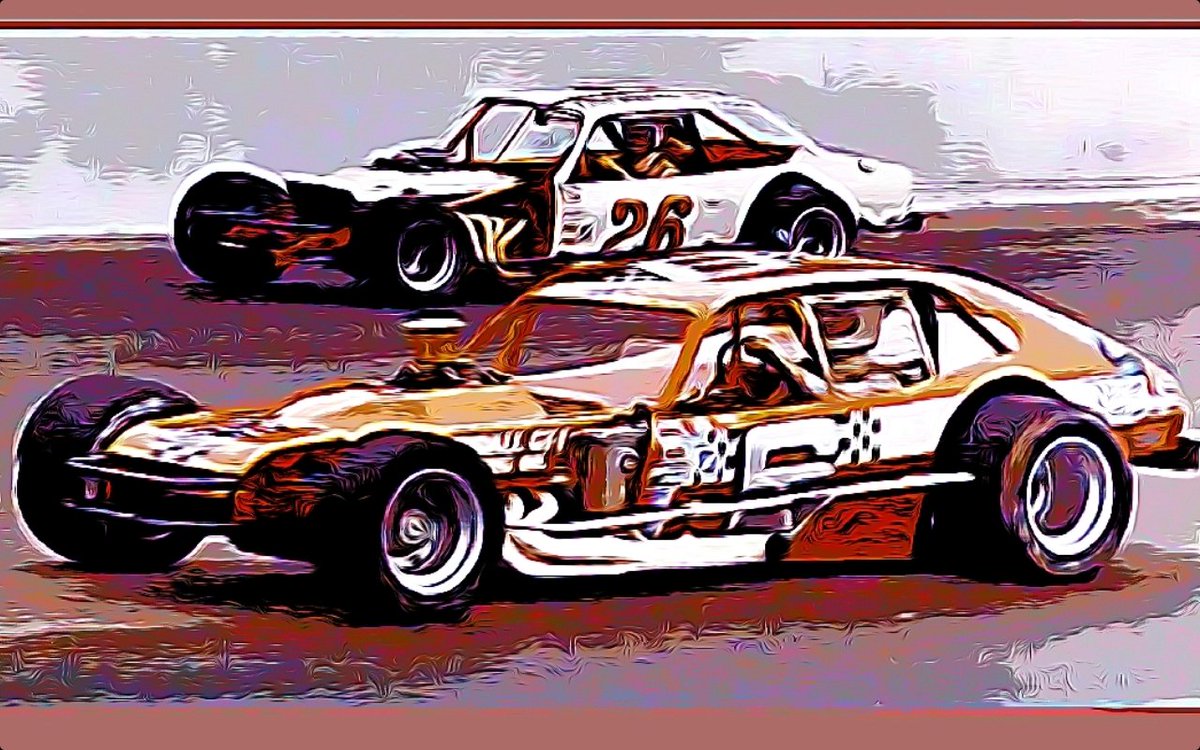RaceChaser77's tweet photo. Maynard Troyer and Satch Worley   -  @OswegoSpeedway  #pavementmodifieds #pinto #Vega #Oswegospeedway  #70s #MaynardTroyer #SatchWorley #digitalart #racingart  #MotorSportsArt @TroyerRaceCars https://t.co/heErCZQezz