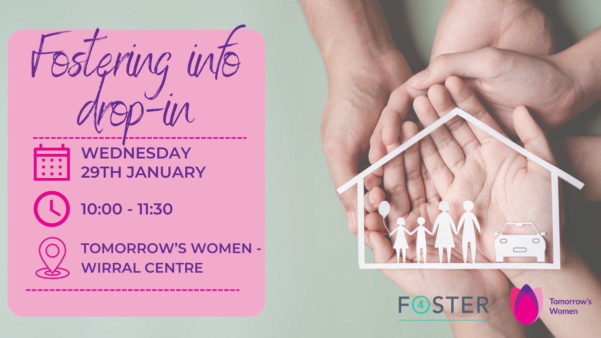 Clare from Foster 4 will be doing a drop in in the community room next Wednesday giving information regarding fostering.

No need to book just come along and have a chat 💗

#foster4 #fosteringinfo #fosteringdropin #tomorrowswomen #supportforwomenwirral