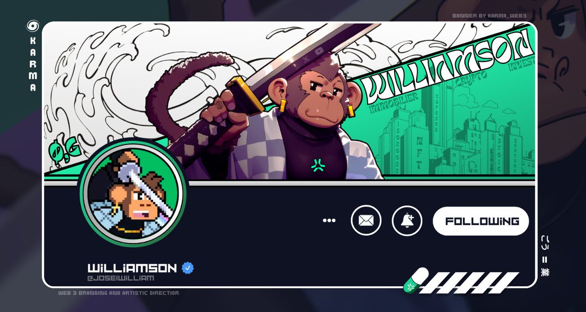 // REBRANDING // 

Proposition de branding aujourd'hui pour <a href="/Jose1William/">Williamson</a> !! 

J'ai tenté de reprendre son NFT et l'esprit de sa bannière actuelle avec le coté Immo a droite + les building qui contiennent toutes les infos de sa Bio ! 🔥 

<a href="/AbstractChain/">Abstract</a> pour la couleur 🍬