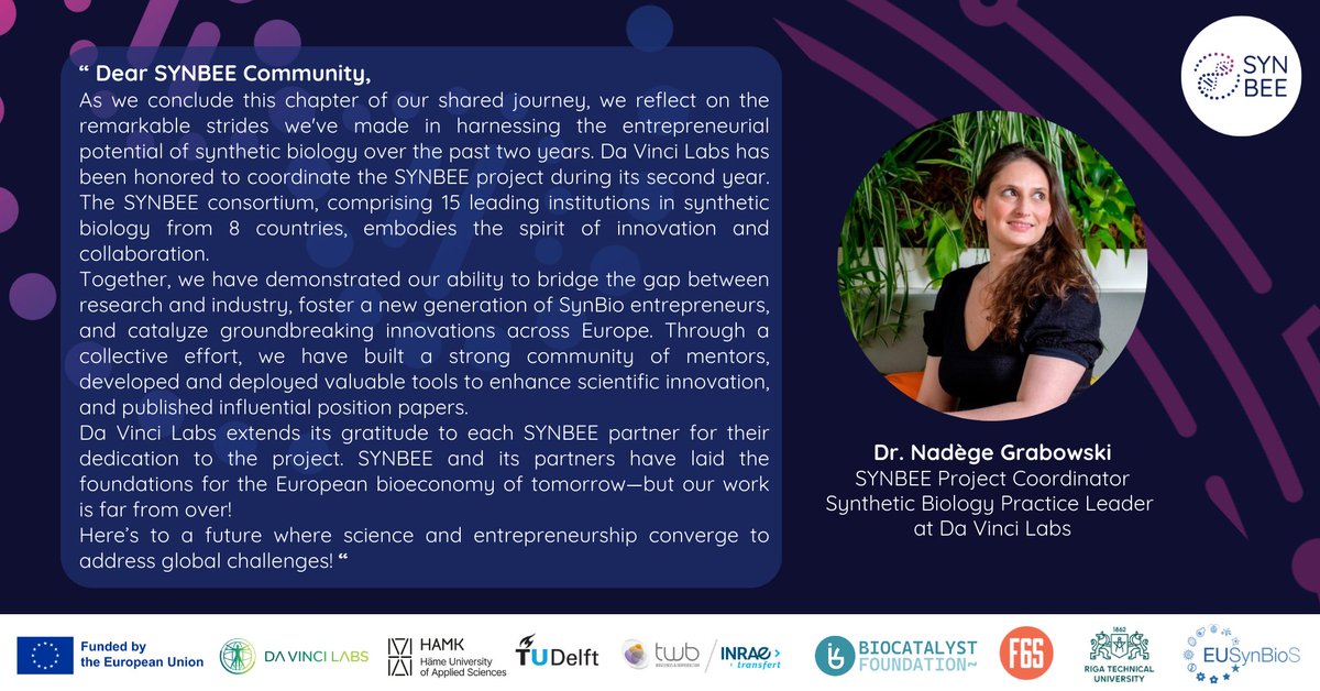 Closing the chapter on SYNBEE: A Journey of Innovation &amp; Collaboration ✨

👏A huge thank you to Nadège Grabowski for her inspiring leadership &amp; to everyone who contributed to this incredible initiative.

During 2 years, we have set the stage for the future of SynBio in Europe!💡