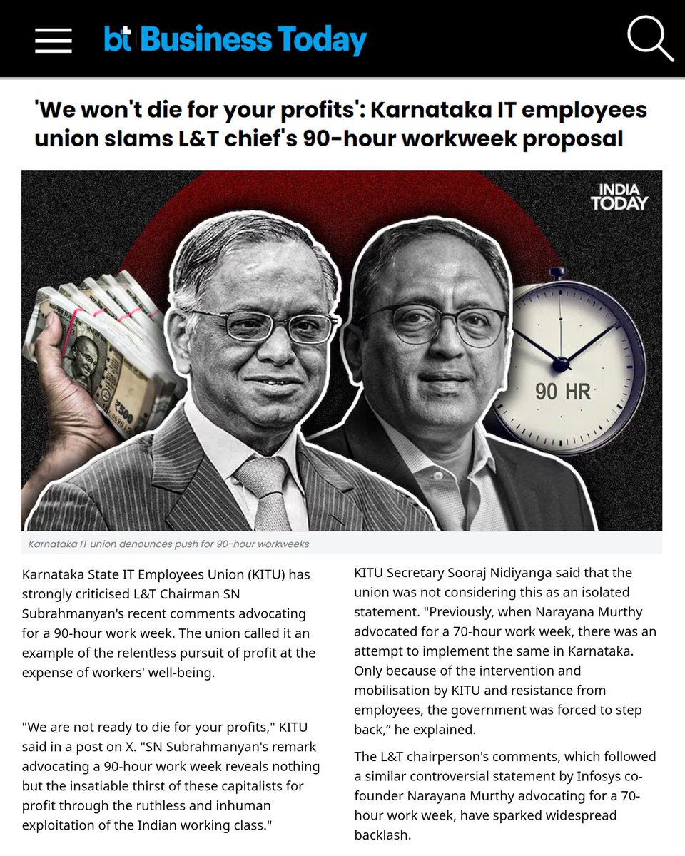 kitu_hq's tweet image. 'Business Today' report on the response of Karnataka State IT/ITeS Employees Union (KITU) against the L&amp;amp;T chairman's recent remarks advocating for a #90hrWorkWeek

businesstoday.in/india/story/we…
@businesstoday