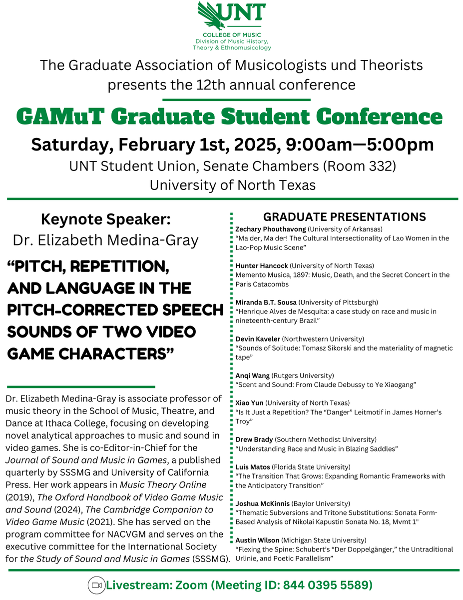 untgamut's tweet photo. We are excited to announce the 12th Annual 2025 GAMuT Student Conference! The conference will take place on Saturday, February 1st, from 9am-5pm in the UNT Union Senate Chambers (Room 332). We hope you will join us for part or all of the conference! https://t.co/3GtKaHEwyU