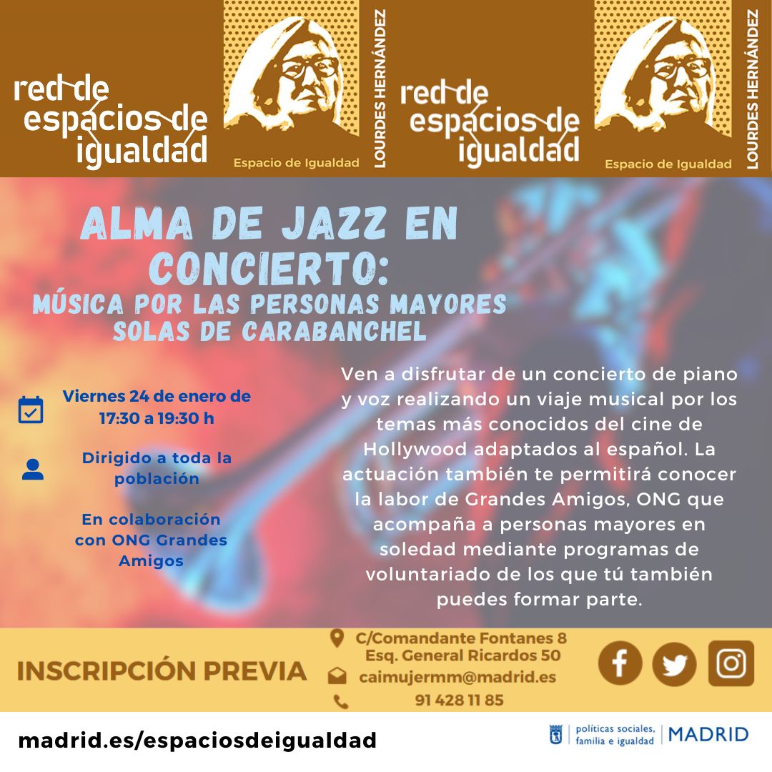 No te pierdas mañana el #concierto de #jazz que vamos a tener en el Espacio.
Ven a disfrutar y a pasar una tarde diferente mientras reivindicamos la importancia del acompañamiento de la mano de la ONG Grandes Amigos