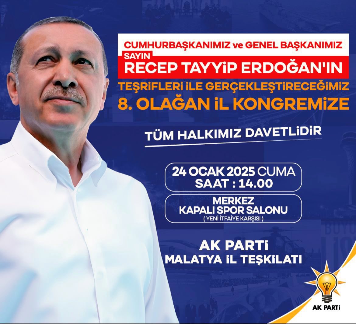 Kıymetli Hemşehrimiz,

Genel Başkanımız ve Cumhurbaşkanımız Sayın <a href="/RTErdogan/">Recep Tayyip Erdoğan</a>’ın teşrifleriyle gerçekleştireceğimiz 8. Olağan #Malatya İl Kongremizde sizleri de aramızda görmekten mutluluk duyarız.

Umudun, İcraatın, Geleceğin #AdıAkParti

🗓️ 24 Ocak 2025 Cuma 

🕑 14:00

📍Merkez