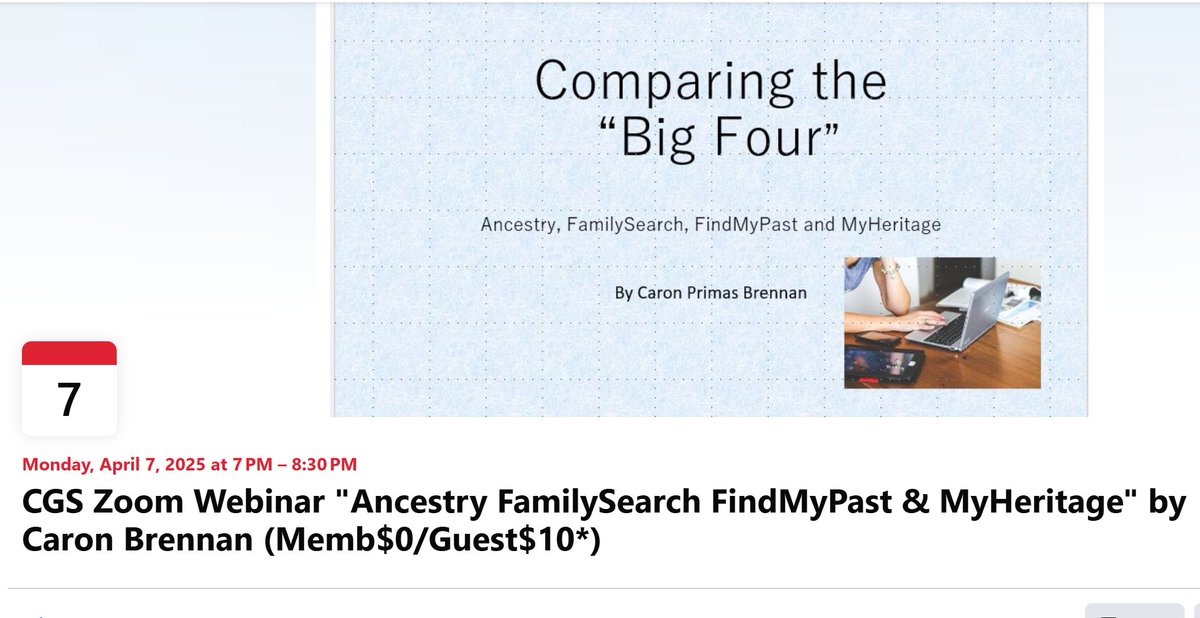 Join us on April 7, 2025 from 7:00-8:30pm central for our CGS Webinar via Zoom, “Comparing the Genealogy Big Four: Ancestry, FamilySearch, FindMyPast, and MyHeritage" with Caron Primas Brennan (CGS Member $0/Guest $10). Registration req’d. chicagogenealogy.org/event-5911960 #ChicagoGenSoc