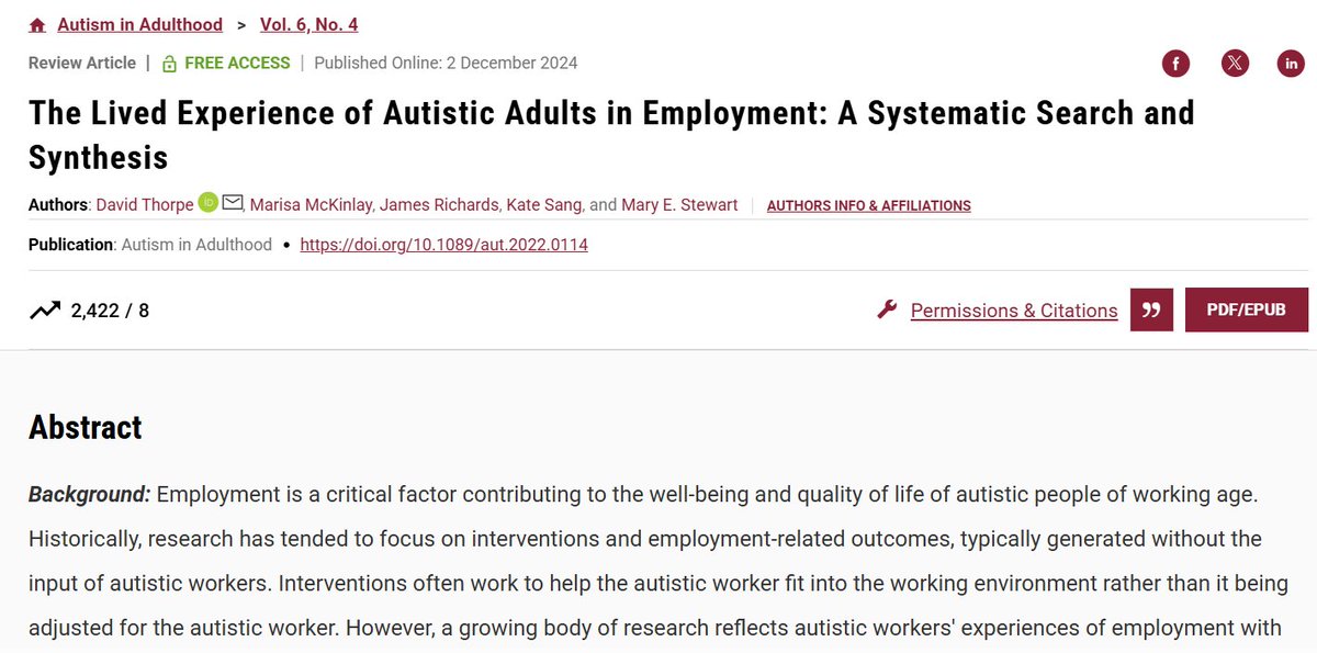 Lived experience of autistic adults in employment: synthesis by David Thorpe uses social relational model of disability  &amp; reports voices of #autistic  workers should be prioritised in designing work environments

READ AGAIN, FREE to 14 Feb: 

liebertpub.com/doi/10.1089/au…