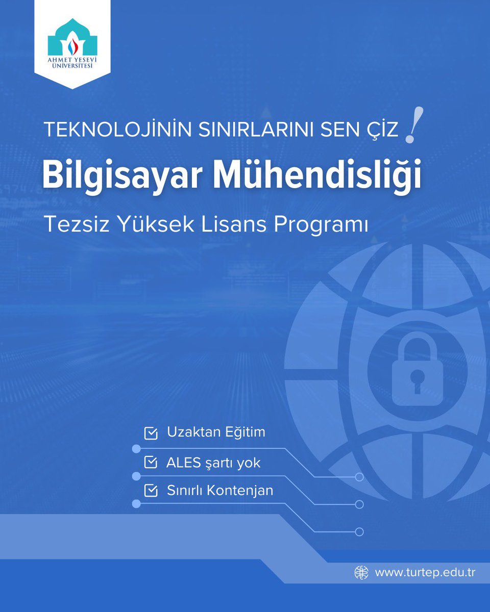 AhmetYeseviUni's tweet photo. 📌Dijital Dünyanın Lideri Sen Ol! 

Ahmet Yesevi Üniversitesi Tezsiz Yüksek Lisans Programları ile dijital geleceğe yön ver! 🌍

✅ Uzaktan Eğitim
✅ ALES Şartı Yok
✅ Sınırlı Kontenjan

⏳ Son Başvuru: 31 Ocak 2025
👉 Başvuru ve Detaylar: https://t.co/8TrDgRlek1

#GeleceğiYönet https://t.co/QRqpSrDgfJ