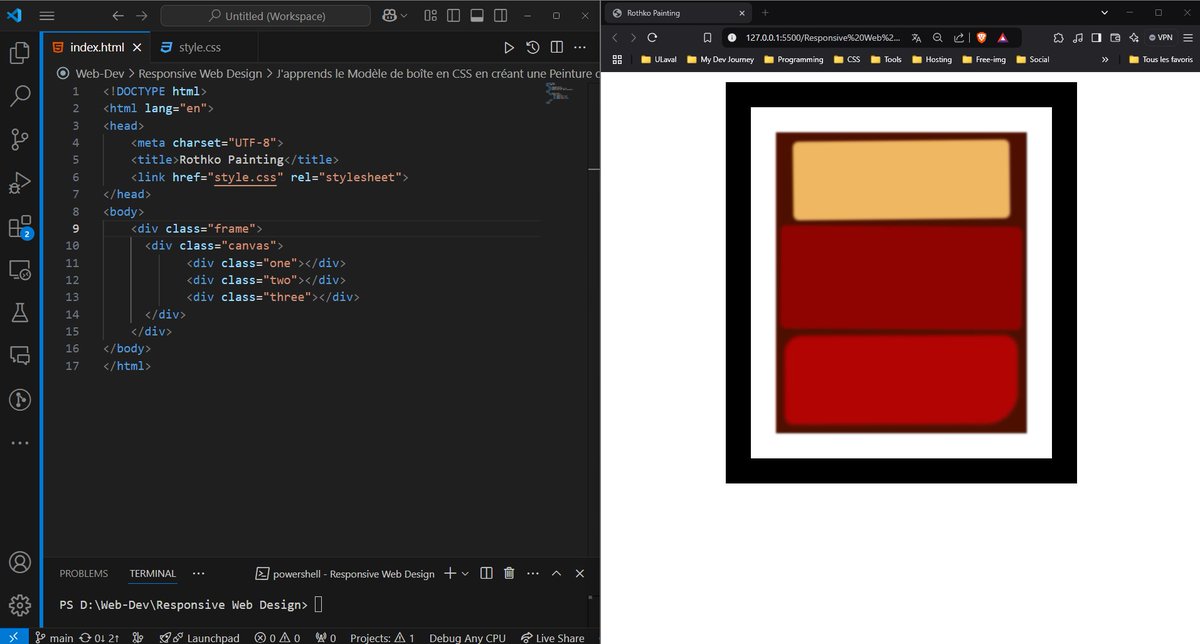 dereal_ismael's tweet image. Jour 25/30 : J'apprends le Modèle de boîte en CSS en créant une Peinture de style Rothko  
📺YouTube : youtube.com/@licode30
📚freeCodeCamp : freecodecamp.org/learn/2022/res…
 
#CSSChallenge #30DaysOfCSS #LearnCSS #freecodecamp