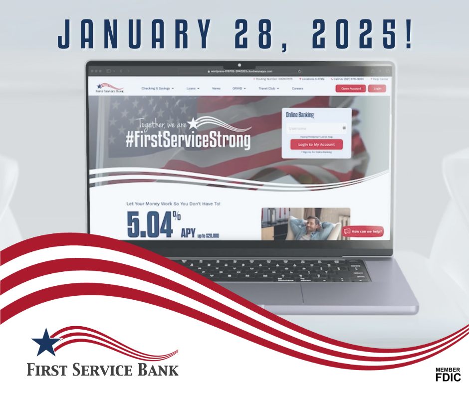 FirstServiceBnk's tweet photo. 📷📷 Mark Your Calendar: January 28, 2025
We’re thrilled to announce that First Service Bank will reveal our brand-new website design on January 28, 2025! Expect a streamlined look, simpler navigation, and the same dependable service you rely on.
#firstservicestrong https://t.co/K1LS0DjSxC