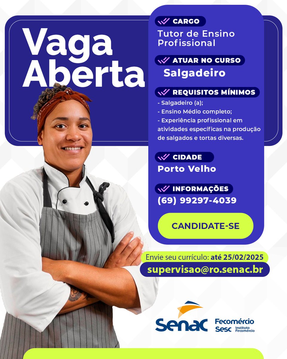 🚨 Alerta de Vagas: O Senac em Porto Velho está contratando! Estamos em busca de profissionais qualificados para atuar como Tutor de Ensino Profissional no curso de Salgadeiro. Veja os detalhes sobre o cargo e envie seu currículo até o dia 25/02/2025. #senacro #hávagas
