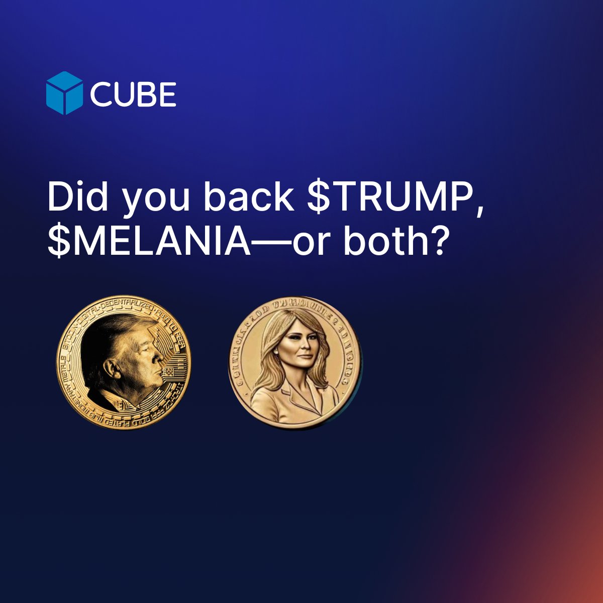 CUBEGlobal's tweet photo. Did you invest in #Trumpcoin &amp; #melaniacoin or both?

Since Trump became President, #Bitcoin has hit record highs.

This follows Trump's promise to make the US the “crypto capital of the planet”.

What does a pro-crypto future look like? Share your thoughts below. #fridayfunday https://t.co/v896ibgyeH