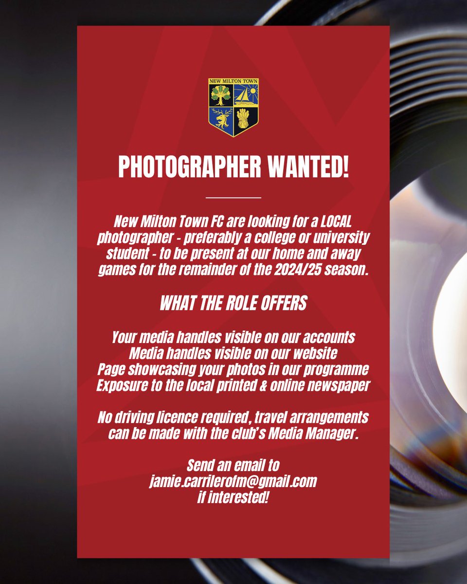 New Milton Town FC (@newmiltontown) on Twitter photo WANTED! - Weโre on the lookout for a college or university student looking to build their portfolio and secure themselves some extra exposure! More details below. ๐ธ <a href="/nonleaguevol/">Non-League Volunteers</a> <a href="/nonleagueroles/">Non-League Roles</a> WANTED! - Weโre on the lookout for a college or university student looking to build their portfolio and secure themselves some extra exposure! More details below. ๐ธ <a href="/nonleaguevol/">Non-League Volunteers</a> <a href="/nonleagueroles/">Non-League Roles</a>