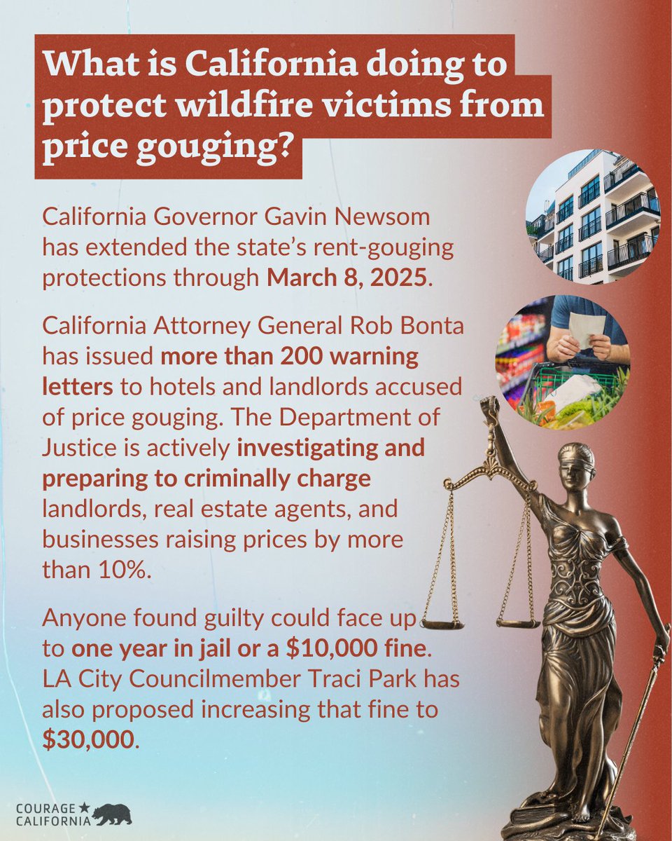 CourageCA's tweet image. Californians are protected from #PriceGouging 💸 during state and local emergencies. 

If your landlord or a business has increased rent or prices by 10% since the start of the #LAFires they may be price gouging 🔍.

👉🏽 oag.ca.gov/LAFires