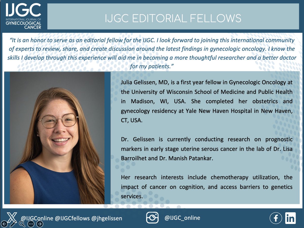IJGC (@ijgconline) on Twitter photo We welcome Julia Gelissen <a href="/jhgelissen/">Julia Gelissen</a>, a 1st year fellow in #GynOnc at the University of Wisconsin School of Medicine and Public Health in Madison, Wisconsin 🇺🇸
We are thrilled to have you as an #EditorialFellow! 🙌🤩
<a href="/pedroramirezMD/">Pedro T Ramirez</a> <a href="/HsuMd/">Arthur_HC_Hsu</a> <a href="/JayrajAarthi/">Aarthi S Jayraj</a> <a href="/AndreFernandes2/">Andreina Fernandes</a> We welcome Julia Gelissen <a href="/jhgelissen/">Julia Gelissen</a>, a 1st year fellow in #GynOnc at the University of Wisconsin School of Medicine and Public Health in Madison, Wisconsin 🇺🇸
We are thrilled to have you as an #EditorialFellow! 🙌🤩
<a href="/pedroramirezMD/">Pedro T Ramirez</a> <a href="/HsuMd/">Arthur_HC_Hsu</a> <a href="/JayrajAarthi/">Aarthi S Jayraj</a> <a href="/AndreFernandes2/">Andreina Fernandes</a>