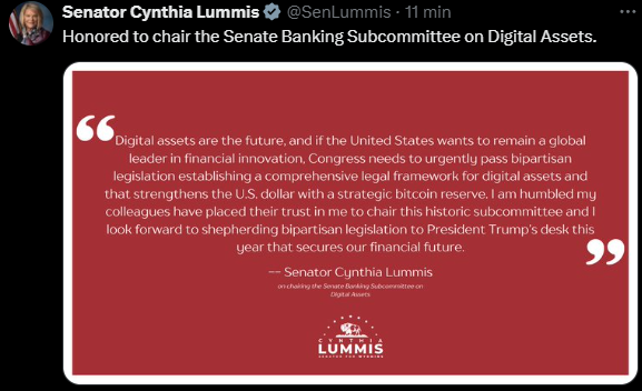NabiIBen's tweet photo. @GodsBurnt 🚨 OFFICIAL : Senator @SenLummis is offcially to chair the Senate Banking Subcommittee on Digital Assets. https://t.co/dwbwjxSd8V