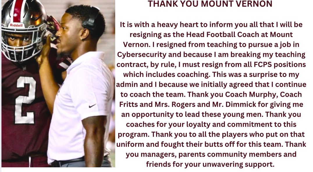 Isaiah Taylor (@isaiahtaylor_1) on Twitter photo Thank you <a href="/MVMajorFootball/">Mt. Vernon Football</a>
Free Agent Head Coach/Offensive or Defensive Coordinator in DC/PG/MOCO/NOVA area. Thank you <a href="/MVMajorFootball/">Mt. Vernon Football</a>
Free Agent Head Coach/Offensive or Defensive Coordinator in DC/PG/MOCO/NOVA area.