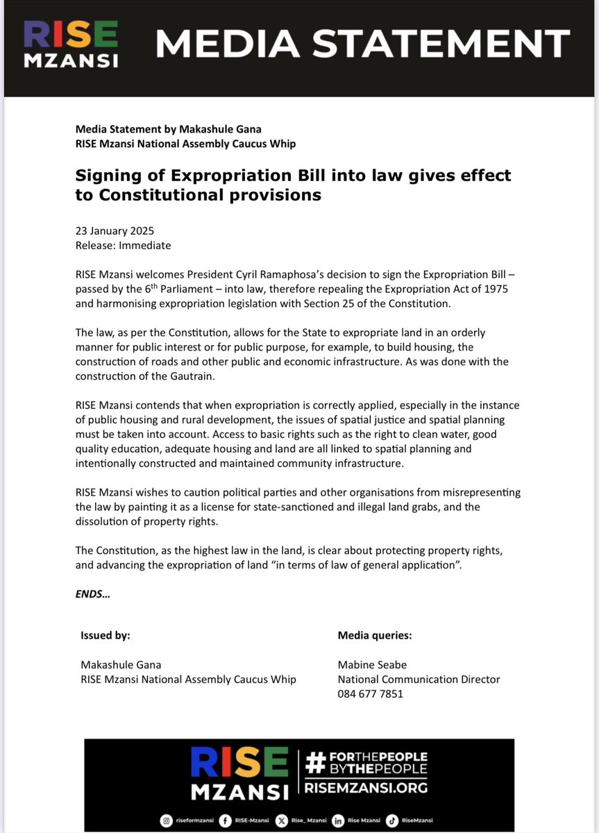 [MEDIA STATEMENT] 

RISE Mzansi welcomes President Cyril Ramaphosa’s decision to sign the Expropriation Bill –passed by the 6th Parliament – into law, therefore repealing the Expropriation Act of 1975 and harmonising expropriation legislation with Section 25 of the Constitution.